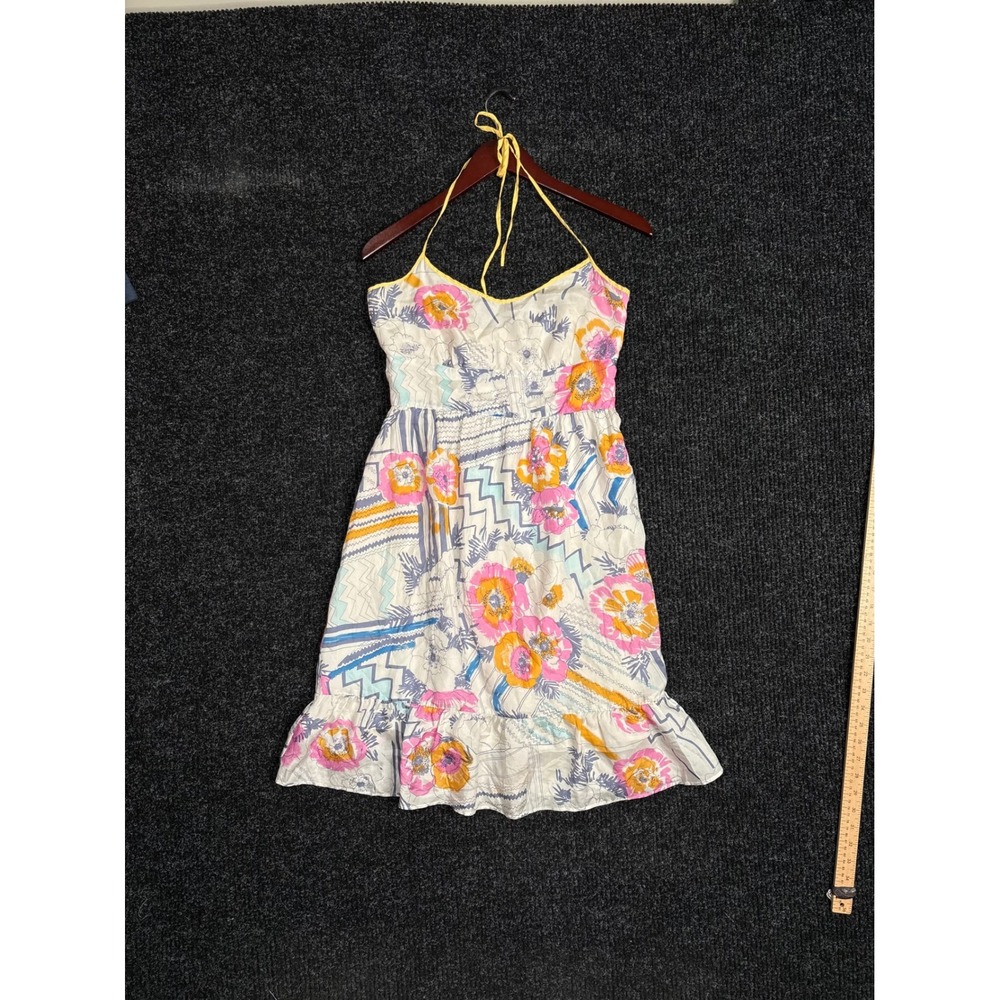 For Love and Liberty Silk Floral Halter Dress White Pink Yellow Ruffle Small